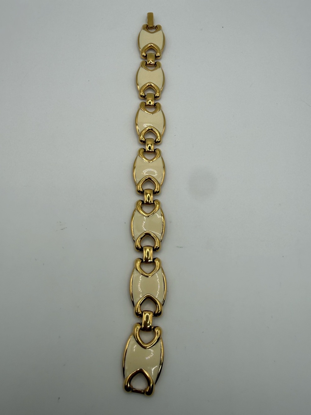 Vintage Monet Cream Enamel Gold Tone Link Bracelet 7.5” Signed